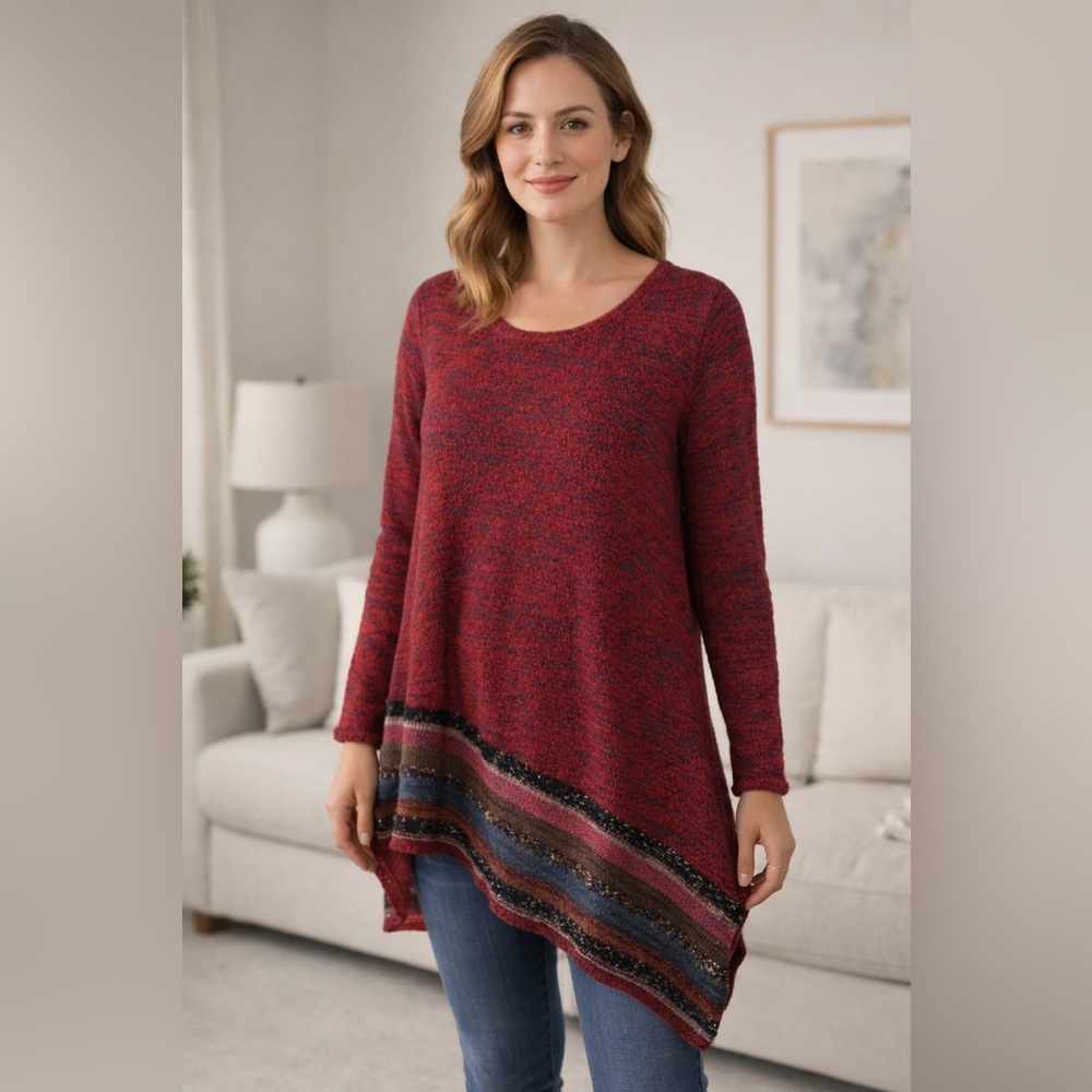 Soft Surroundings 1X Plus Size Sweater Tunic Red Multi Texture Hem Casual Knit